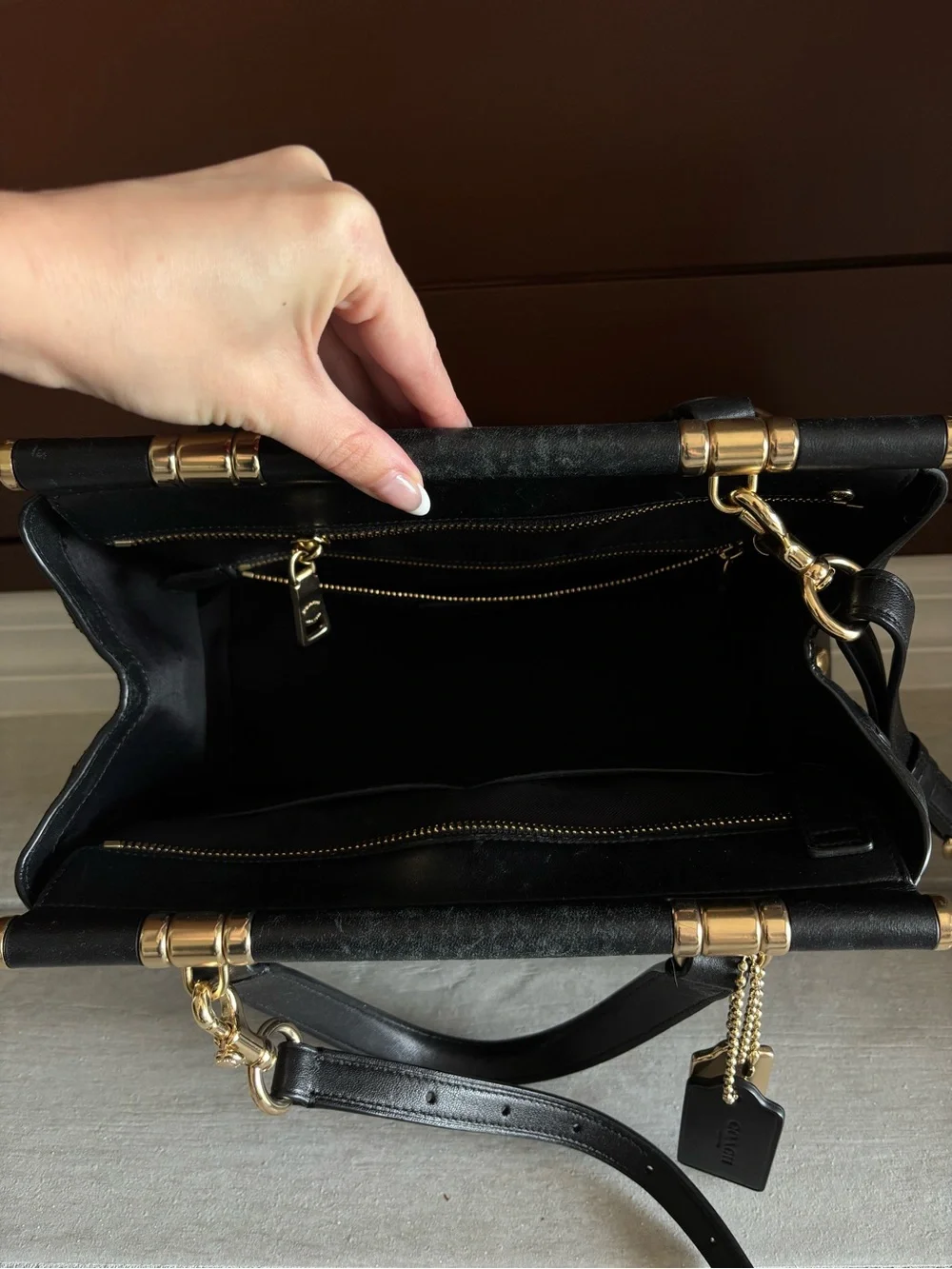 Coach Black Pleated Leather Satchel Crossbody Bag | Gold Hardware